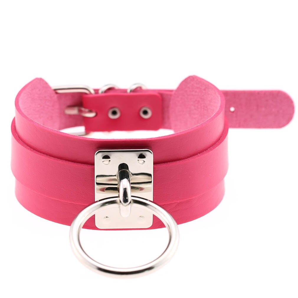Trendy pink vegan leather choker collar with metal ring for punk style fashion.
