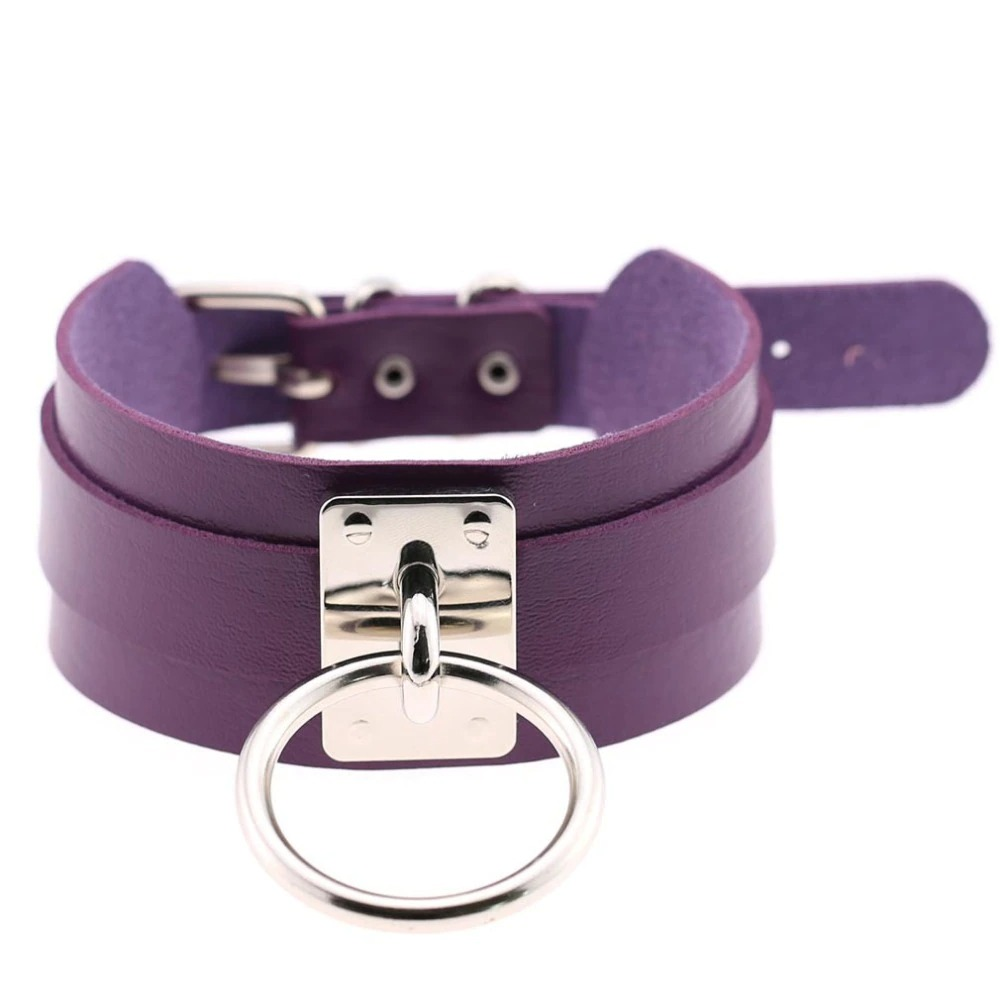 Trendy purple vegan leather choker collar with metal ring, perfect for punk fashion style.