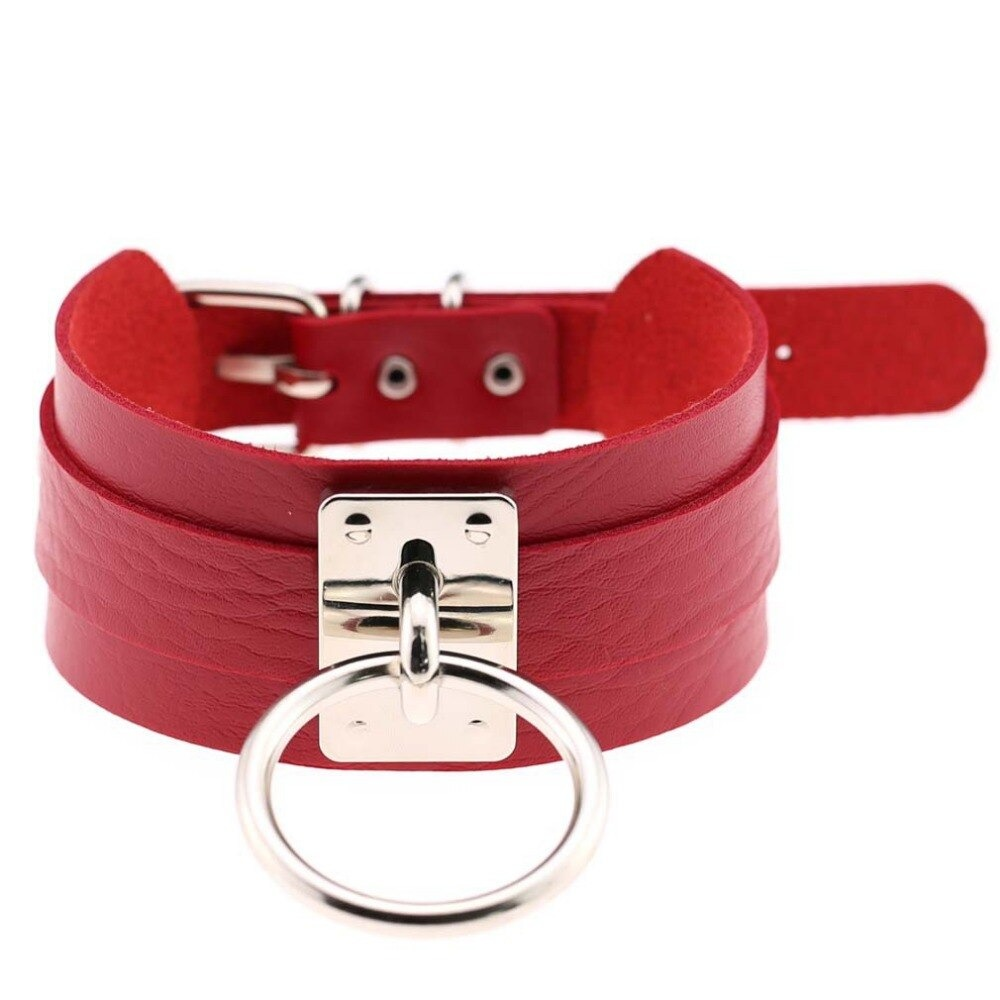 Bold red vegan leather choker collar with metal ring and adjustable strap for trendy punk fashion.