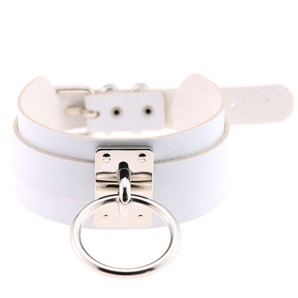 Trendy white vegan leather choker collar with metal ring, perfect for punk style outfits.