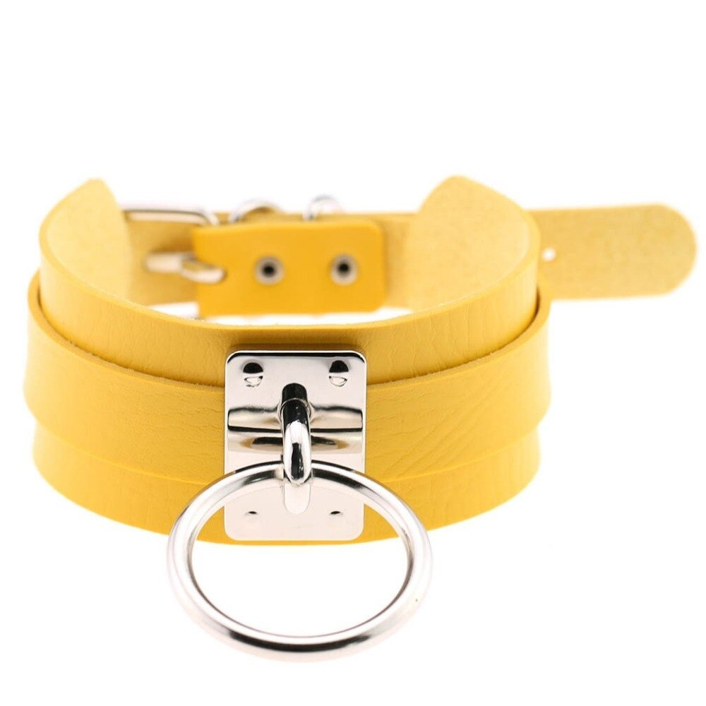 Trendy yellow vegan leather choker collar featuring a metal ring, perfect for punk fashion enthusiasts.
