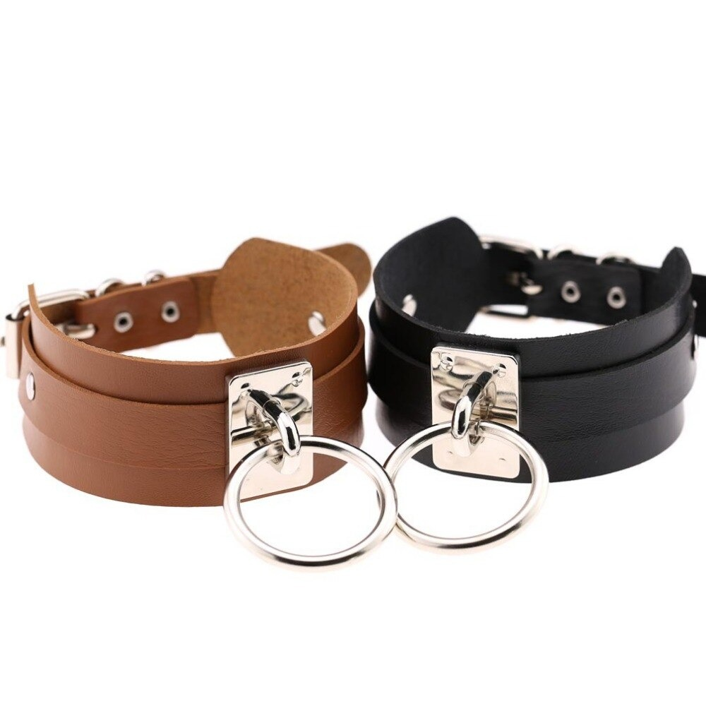 Aesthetic vegan leather choker collar in brown and black with metal ring, perfect for punk style outfits.