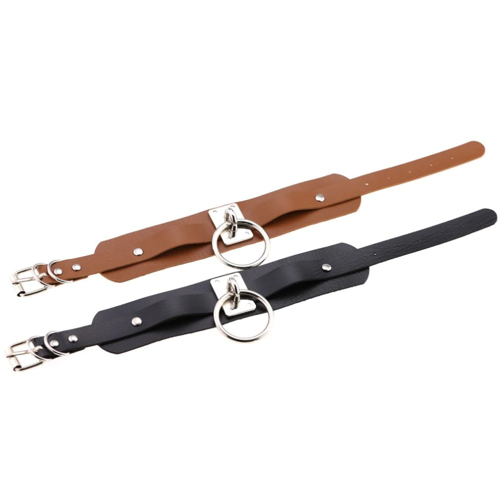 Aesthetic vegan leather choker collar in brown and black, featuring a metal ring for punk style fashion.