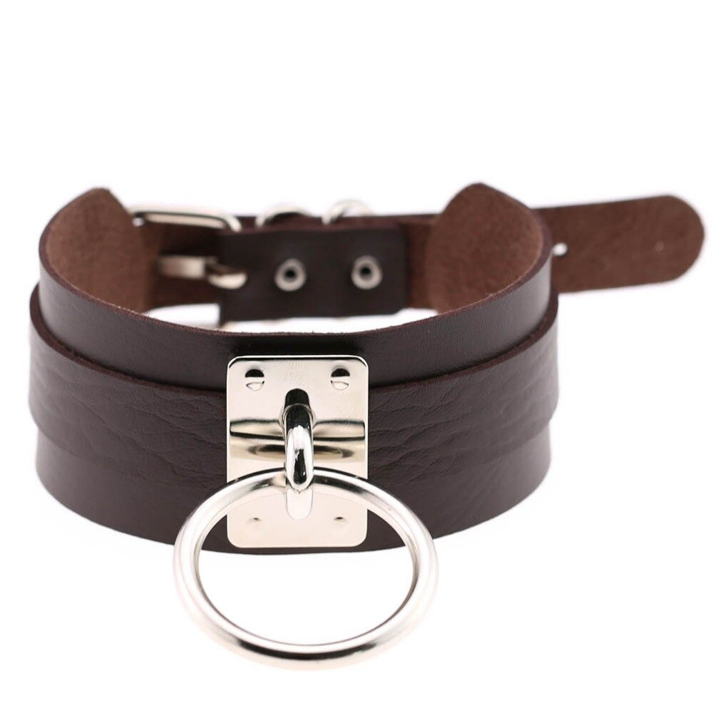 Vegan leather choker collar for women in dark brown with metal ring, perfect for punk style outfits.