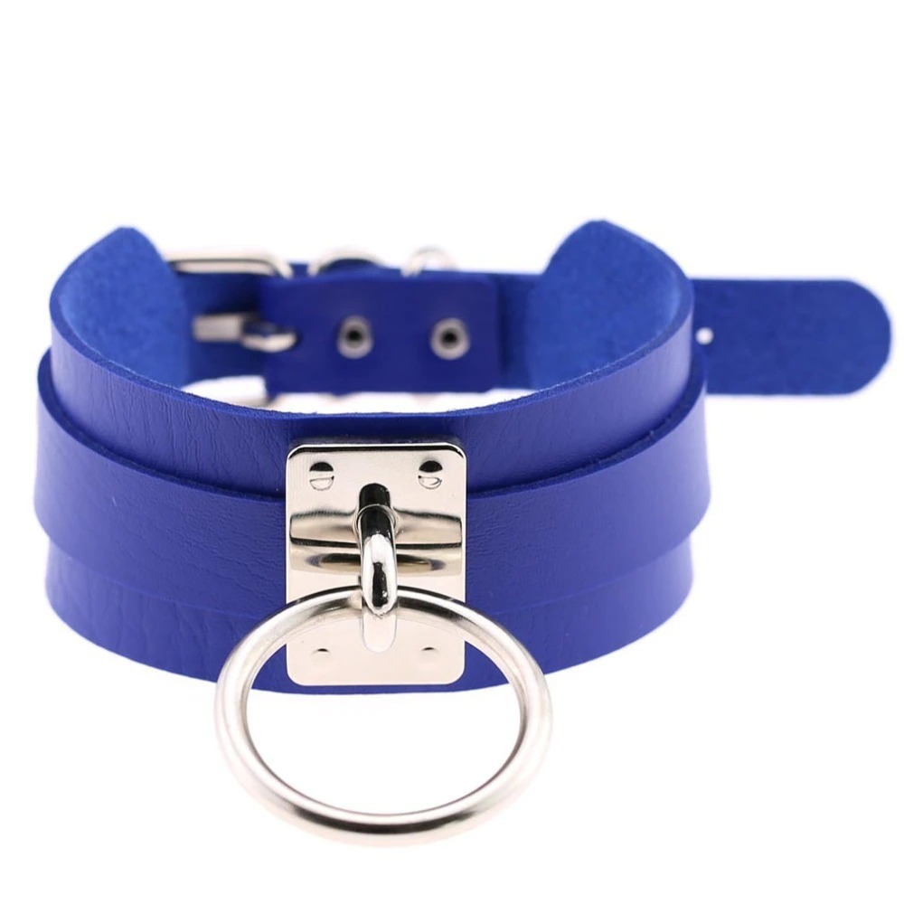 Vegan leather choker collar for women in bold blue with a metal ring, perfect for punk fashion styles.