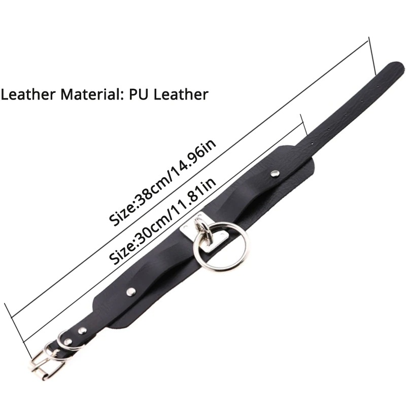 Aesthetic vegan leather choker collar with metal ring and adjustable strap, perfect for punk style outfits.