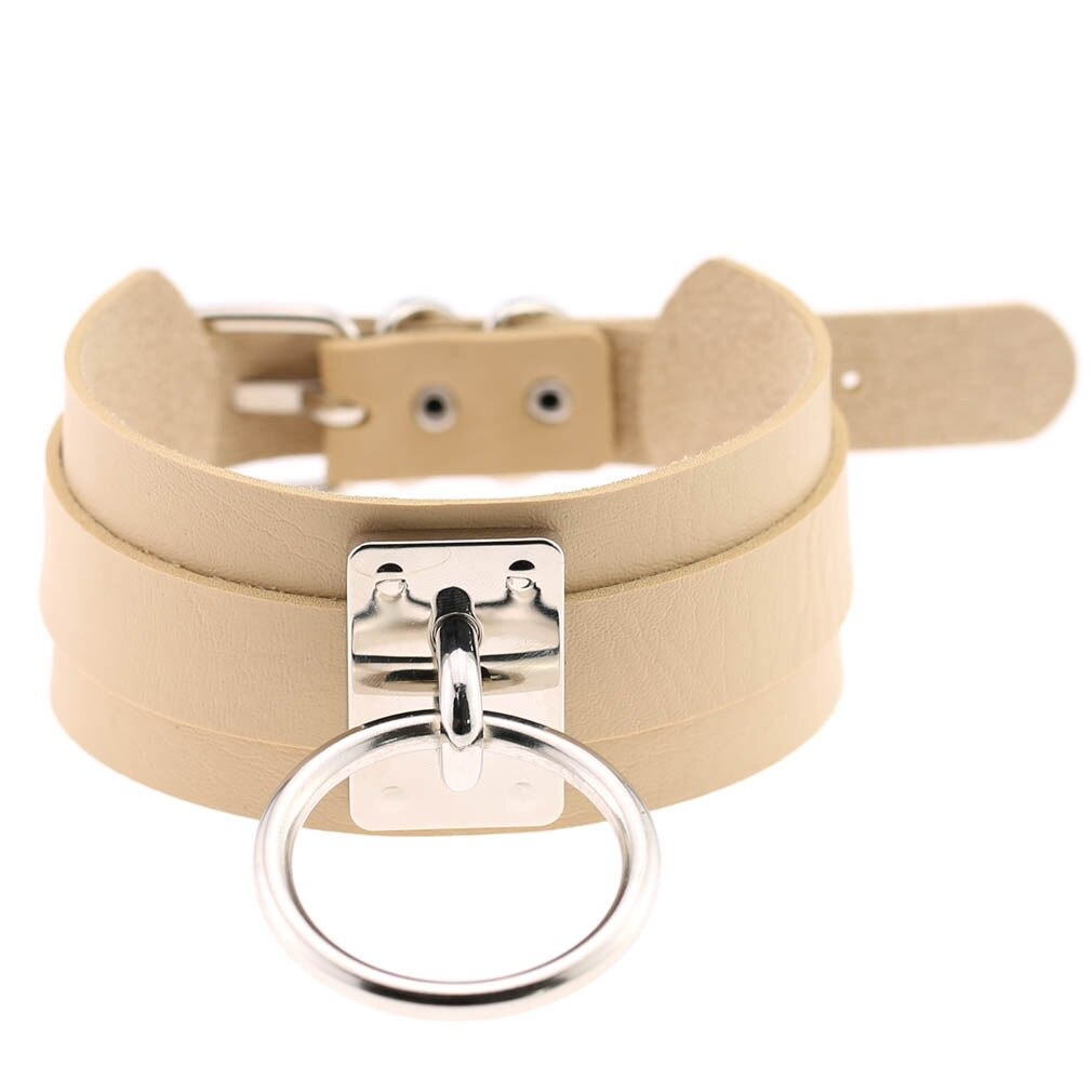 Aesthetic vegan leather choker collar for women in punk style with metal ring and adjustable strap.
