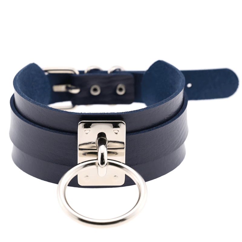 Navy vegan leather choker collar with metal ring, perfect for punk fashion enthusiasts.