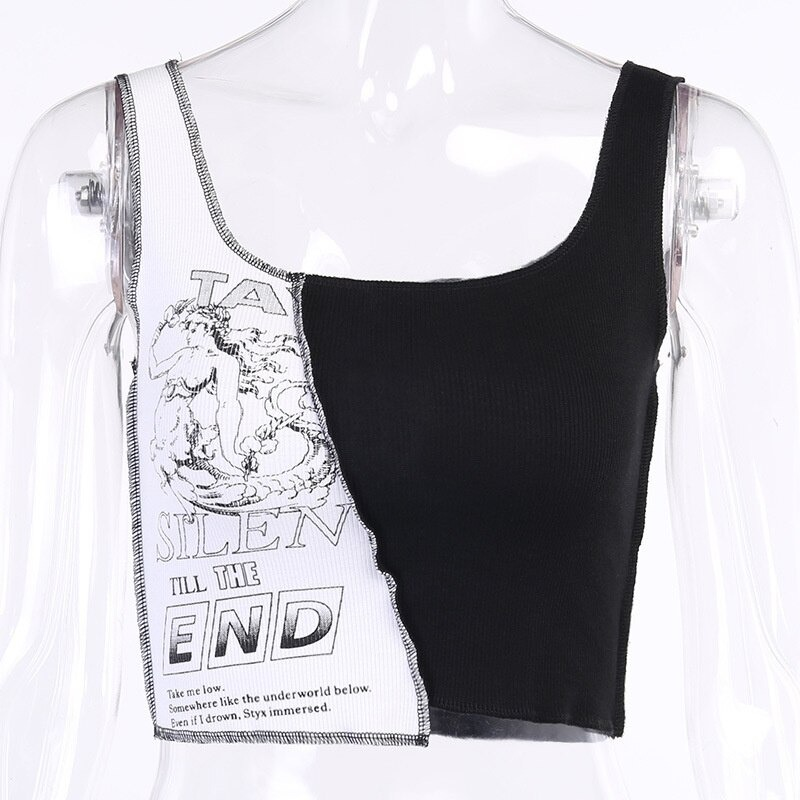 Punk style women's graphic print tank top with square neckline and unique patchwork design.