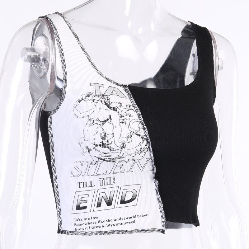 Aesthetic punk-style tank top featuring a graphic print with letters in black and white, perfect for edgy fashion.