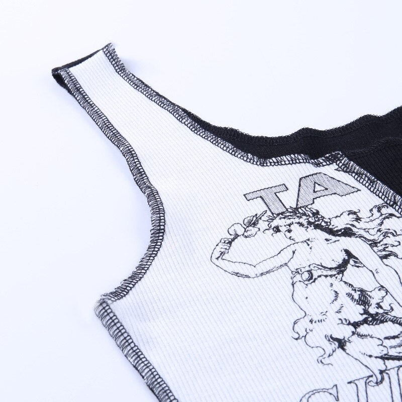 Aesthetic women’s punk tank top with graphic print and square neckline, featuring a unique letter design.