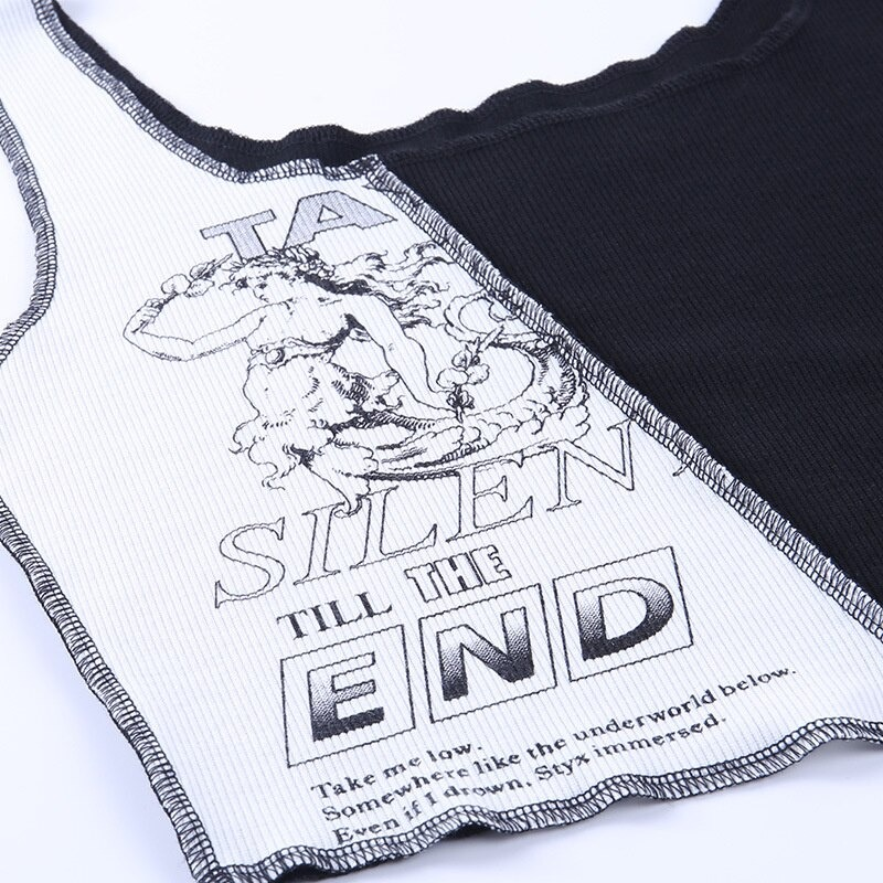 Punk style women’s tank top featuring a bold black and white graphic print with lettering and unique design elements.