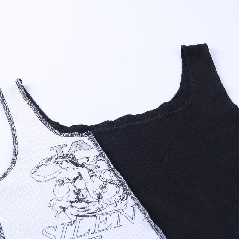 Punk style tank top featuring a unique graphic print and patchwork design with a square neckline.