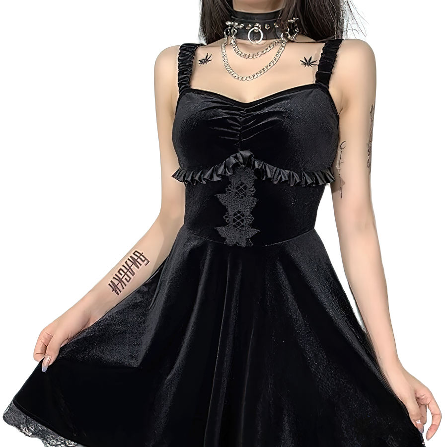 Aesthetic Women's Black Dress / Gothic Velvet Sleeveless Dress / Elegant Backless Dress With Lace - HARD'N'HEAVY
