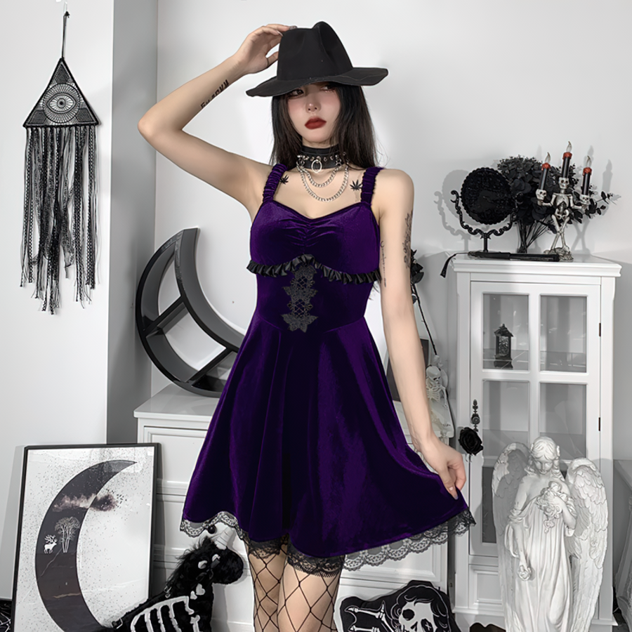 Aesthetic Women's Black Dress / Gothic Velvet Sleeveless Dress / Elegant Backless Dress With Lace - HARD'N'HEAVY