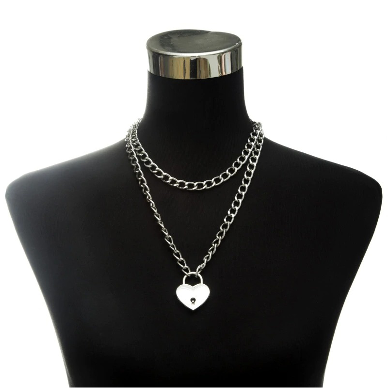 Aesthetic Women's Chain Necklace With Lock in form heart / Gothic Emo Grunge Pendants - HARD'N'HEAVY
