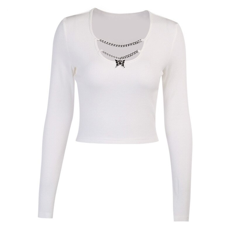 Aesthetic women's white crop top featuring a butterfly pendant and chain detail, perfect for gothic-themed outfits.