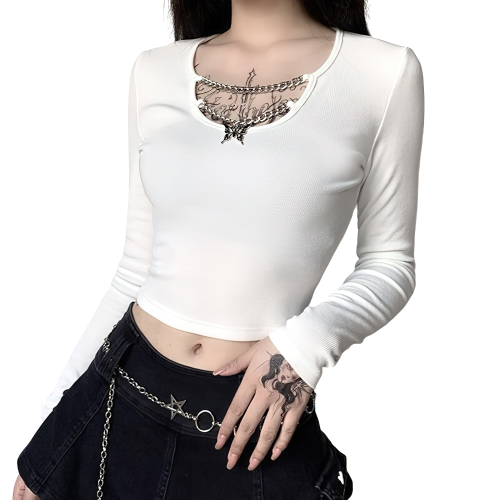 Aesthetic women's crop top with gothic chain detail and butterfly pendant for edgy style.