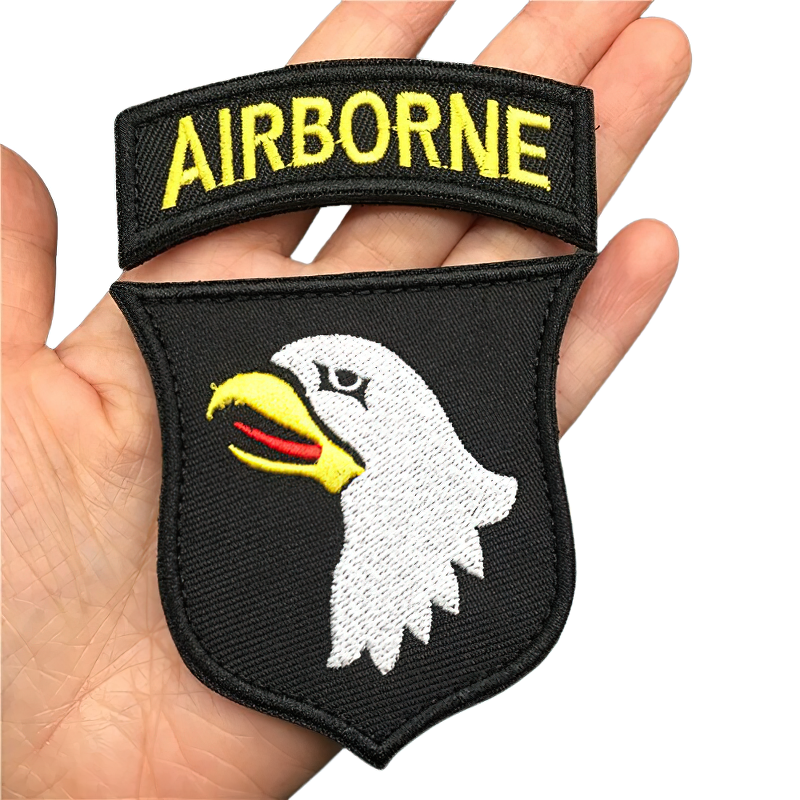 Airborne patch for clothes featuring eagle design on black background, perfect unisex military accessory.