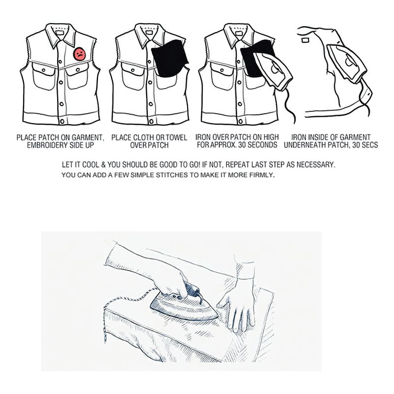 Step-by-step instructions for applying a clothing patch, demonstrating placement and ironing technique.
