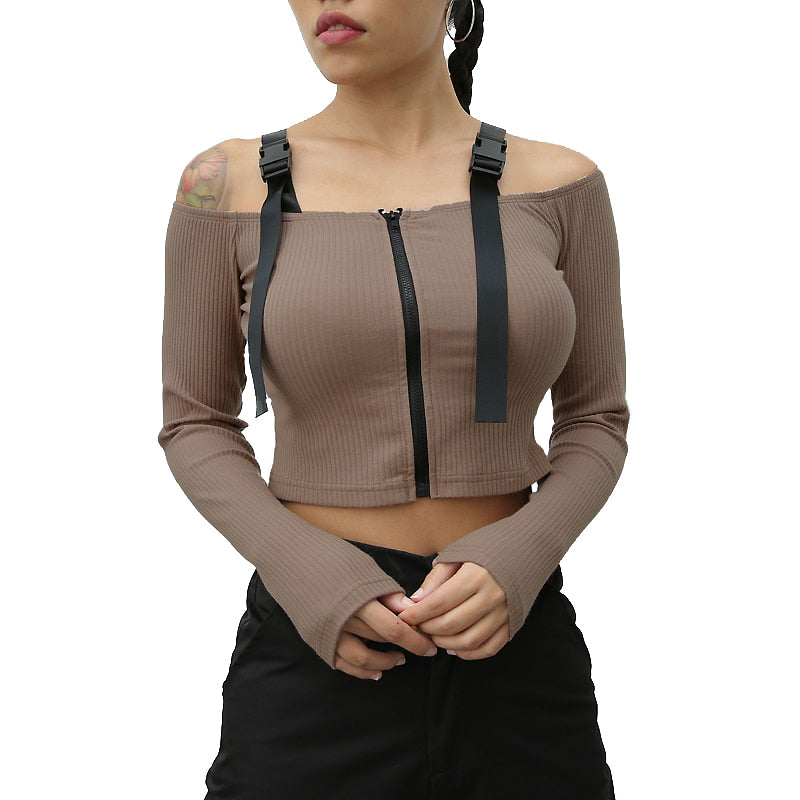 Alternative Backless Patchwork Zipper Top / Girl's Slash Neck High Street Women's Slim Tops - HARD'N'HEAVY