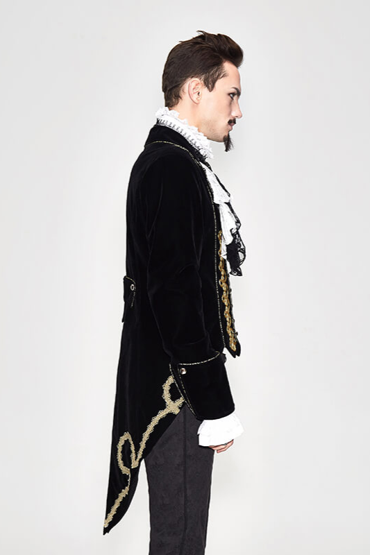 Men's vintage gothic black coat with golden embroidery, side view showcasing elegant velvet fabric.