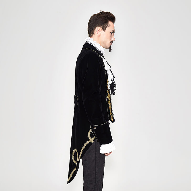 Alternative Black Male Coat with Golden Embroidery / Vintage Men's Goth Velvet Coats - HARD'N'HEAVY