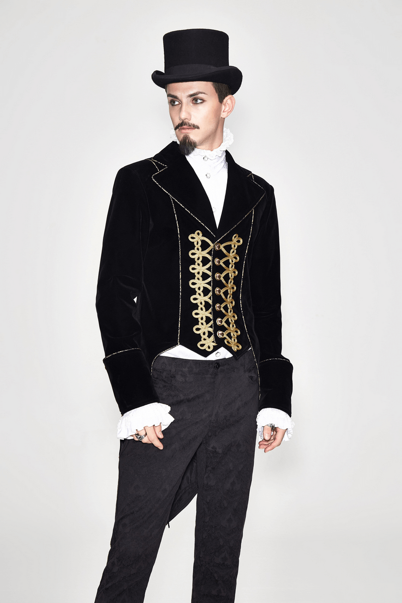 Vintage black men's goth coat with golden embroidery, styled with a top hat and elegant shirt.