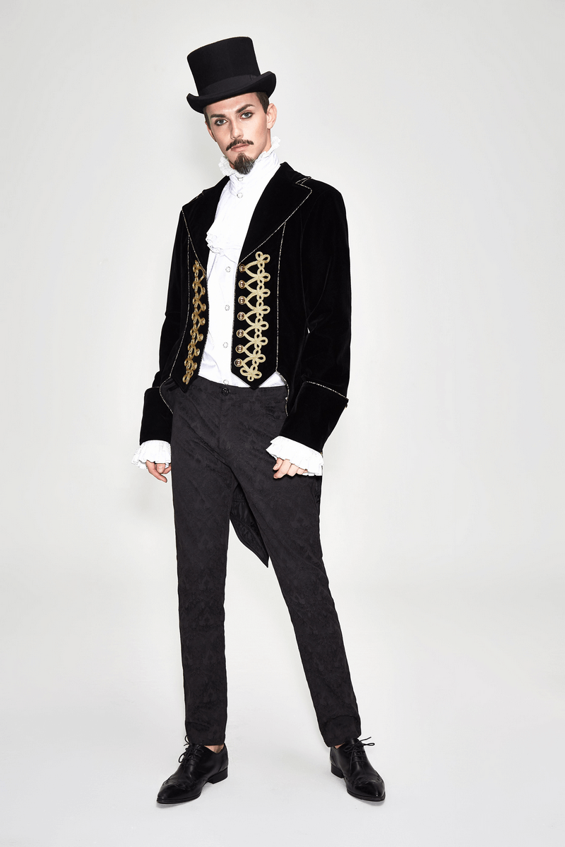 Vintage black goth coat with golden embroidery worn by a stylish man in a top hat, showcasing a luxurious gothic look.