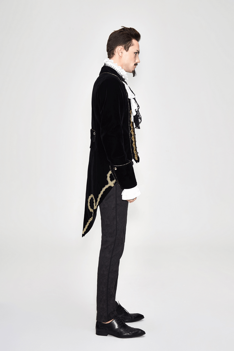 Vintage black gothic coat with golden embroidery showcased on a model in profile, highlighting its elegant design.