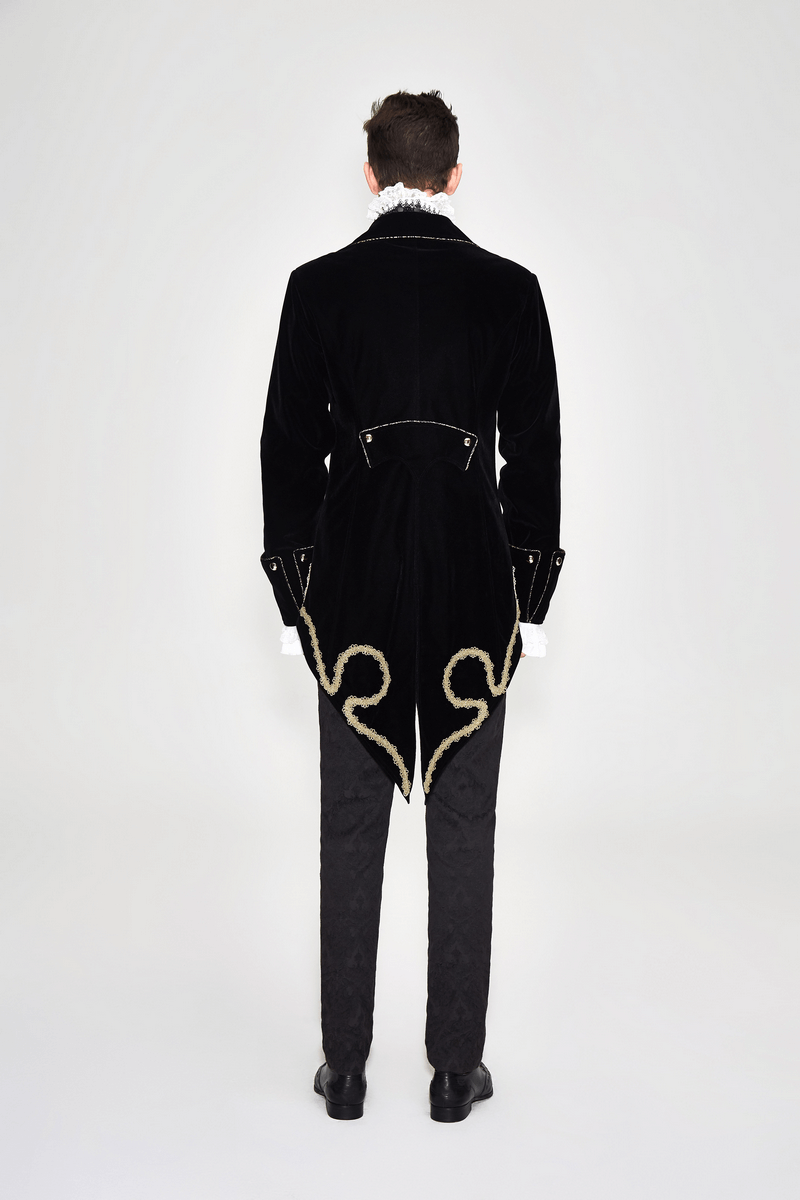 Back view of vintage black goth coat with golden embroidery, showcasing its stylish fitted cut and luxurious velvet fabric.