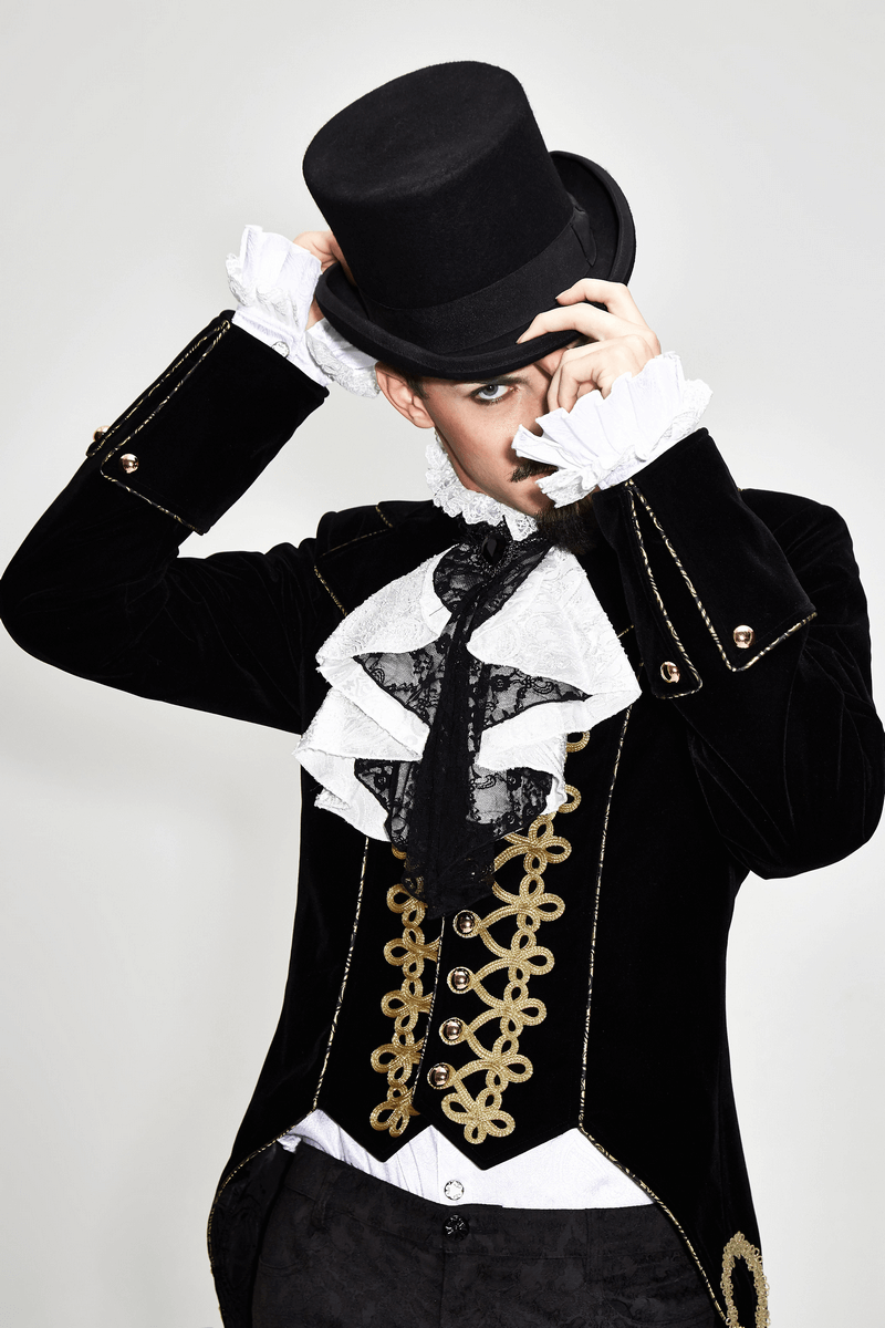 Stylish man wearing a vintage black goth coat with golden embroidery and a top hat, perfect for a dramatic look.