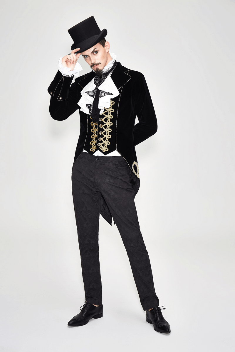 Elegant black velvet coat with golden embroidery worn by a model in a top hat, showcasing vintage gothic fashion.