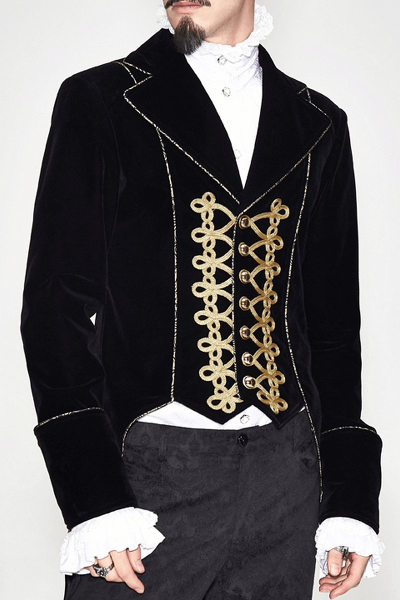 Vintage black gothic coat for men with elegant golden embroidery and fitted style.