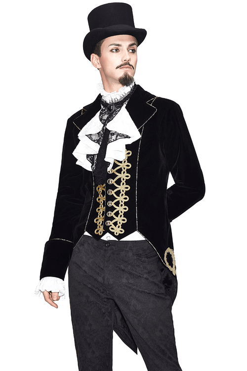 Abrigo masculino negro alternativo con bordado dorado / Abrigos de terciopelo gótico vintage para hombre