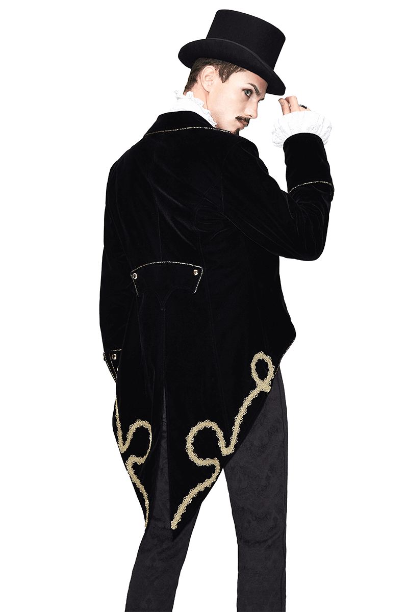 Vintage black goth coat with golden embroidery, perfect for a stylish and luxurious look.