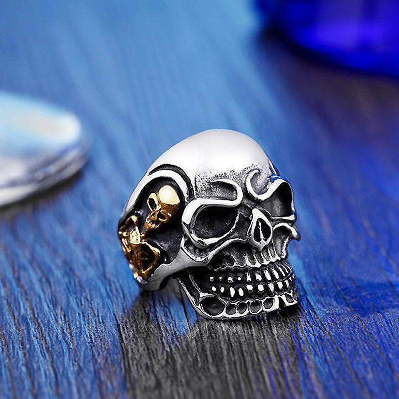 Stainless steel big triple skull ring with detailed design, perfect for alternative fashion and biker style accessories.