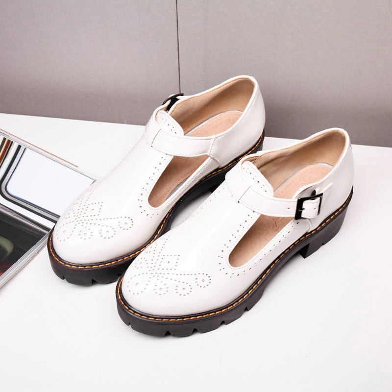Alternative Fashion Brogue Round Toe Flats with Buckle Strap / Aesthetic Shoes for Women - HARD'N'HEAVY