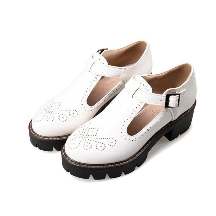 Alternative Fashion Brogue Round Toe Flats with Buckle Strap / Aesthetic Shoes for Women - HARD'N'HEAVY