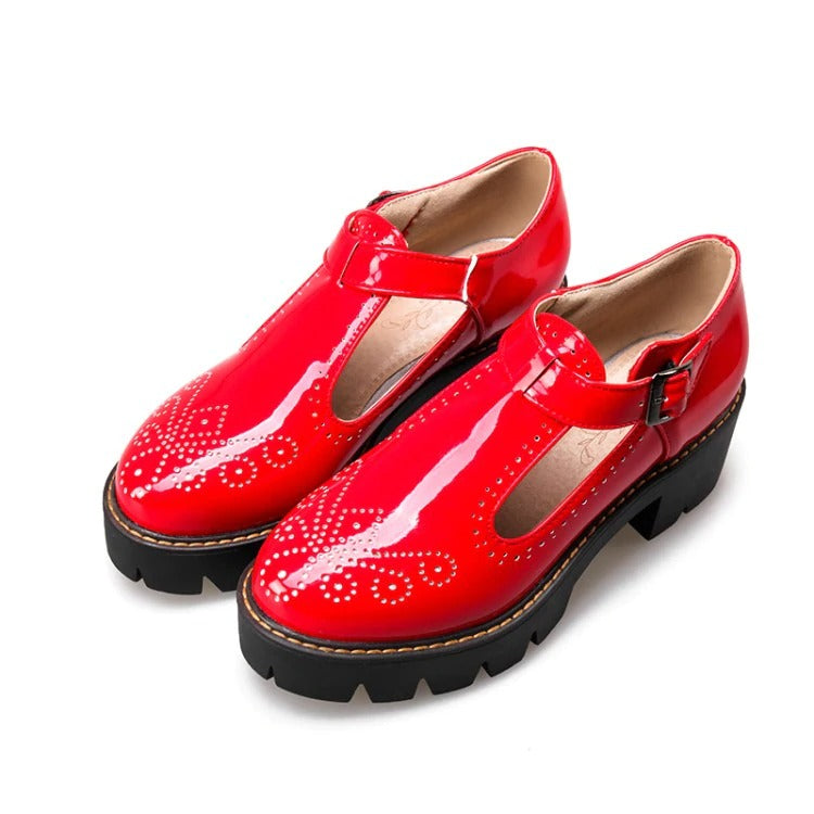 Red brogue round toe flats with buckle strap, perfect alternative fashion shoes for women.