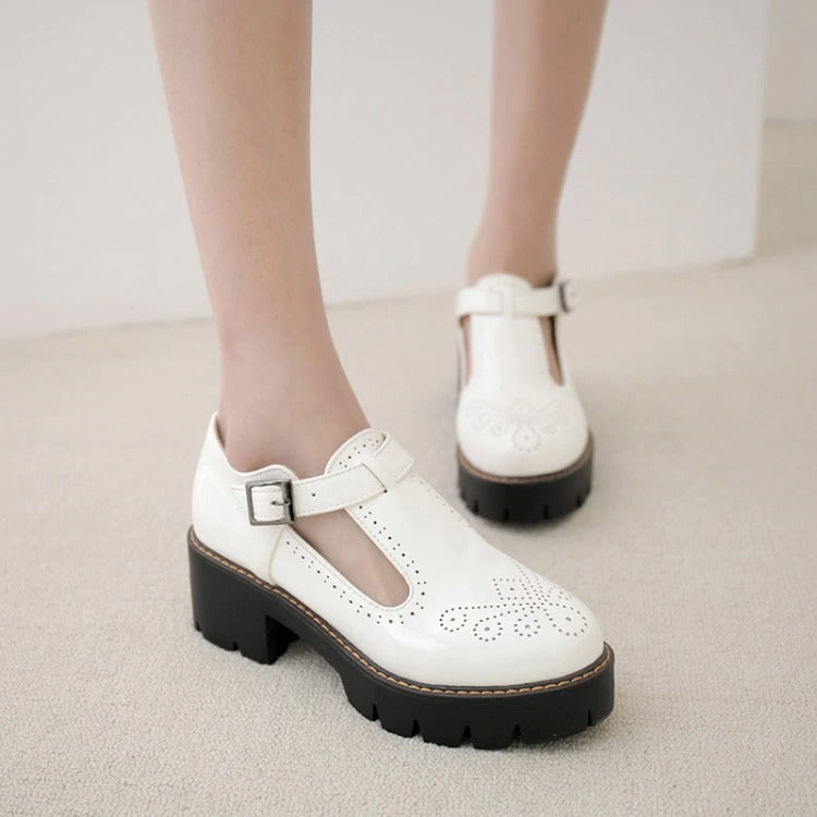 Alternative Fashion Brogue Round Toe Flats with Buckle Strap / Aesthetic Shoes for Women - HARD'N'HEAVY