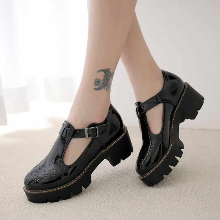 Alternative Fashion Brogue Round Toe Flats with Buckle Strap / Aesthetic Shoes for Women - HARD'N'HEAVY