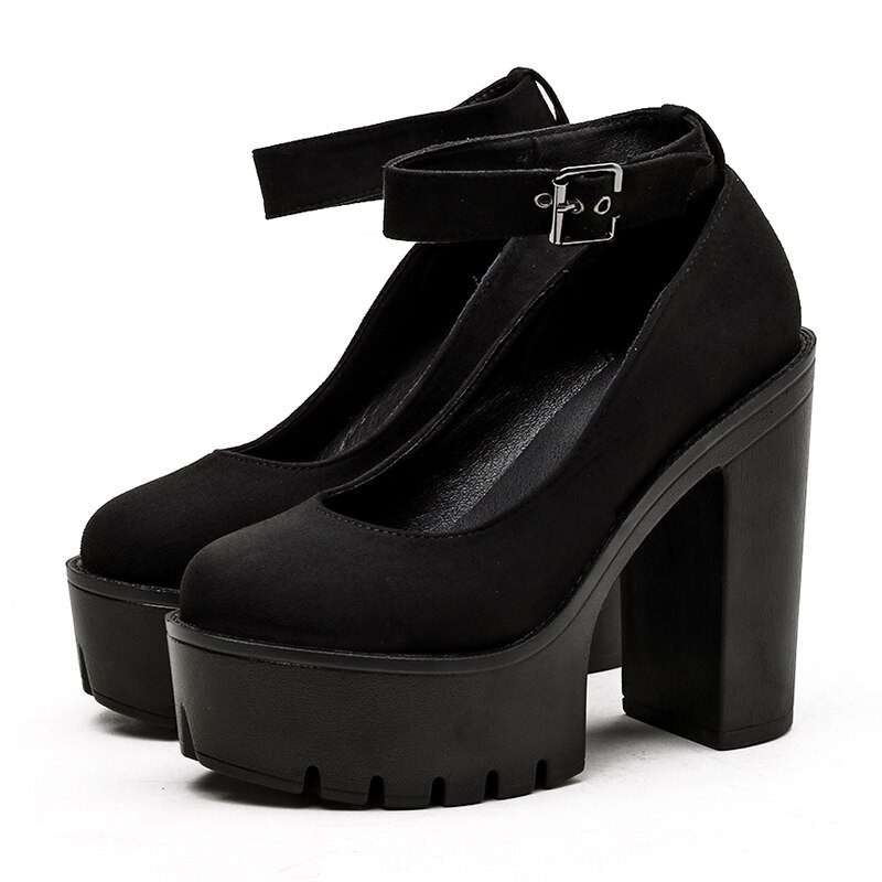 Alternative Fashion Buckle Female Black Heel Shoes / Platform Rock Style Shoes for Women - HARD'N'HEAVY