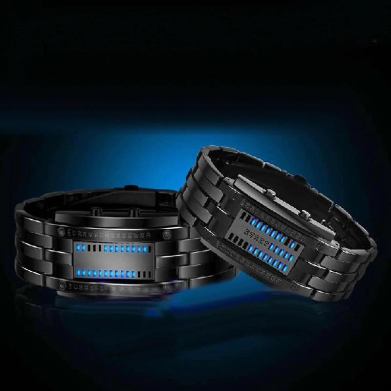 Alternative fashion sports watch with stainless steel strap and blue LED display, perfect for outdoor activities.