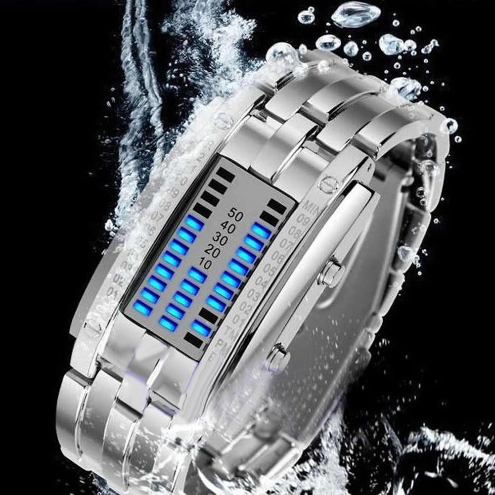 Stylish stainless steel sports watch with LED display, waterproof design, splashing water background.