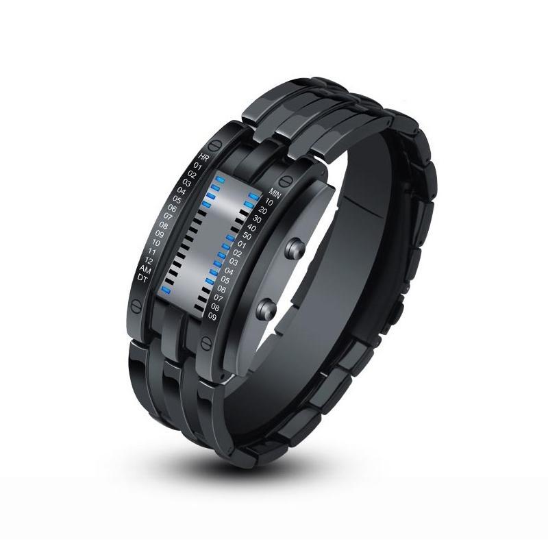 Alternative fashion sports watch with stainless steel strap and LED display, perfect for outdoor activities.