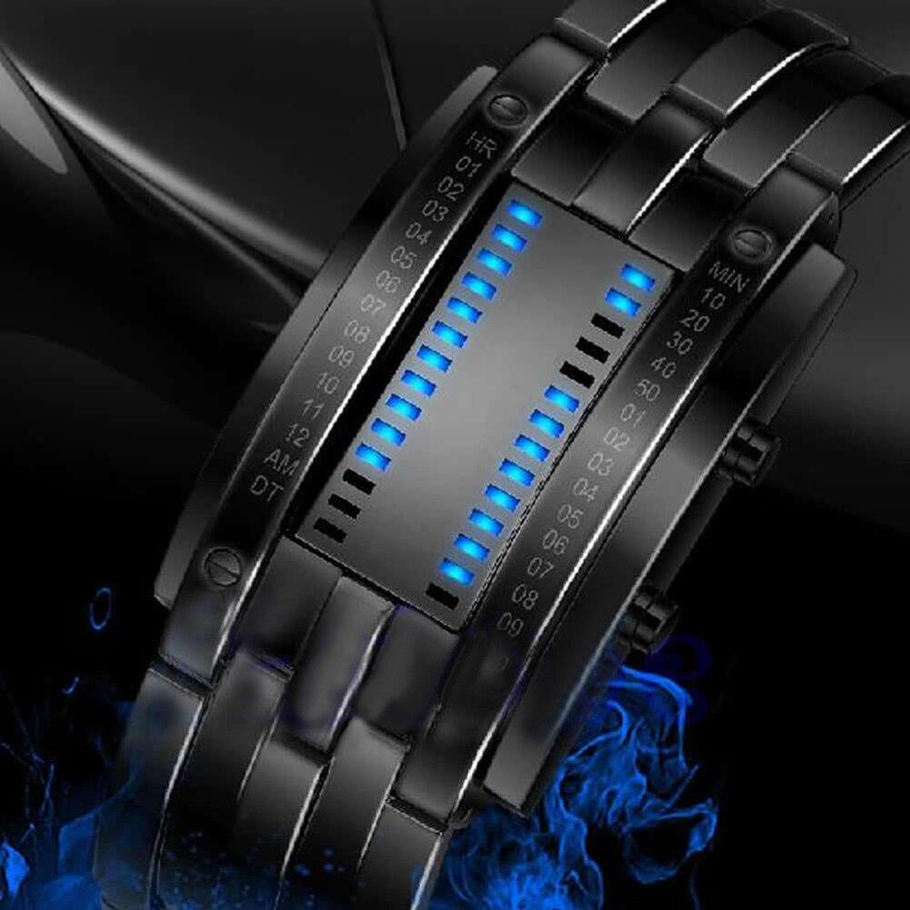 Alternative fashion sports watch with LED display, black stainless steel strap, waterproof and shock-resistant design.