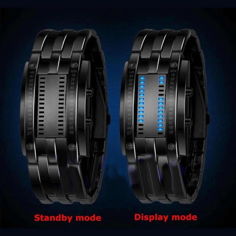 Alternative fashion sports watch in black showing standby and display modes with LED indicators.