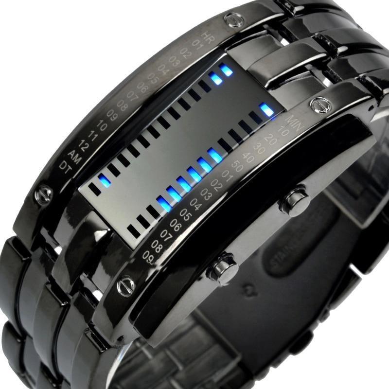 Alternative fashion sports watch with LED display, black stainless steel strap, waterproof and shock-resistant design.