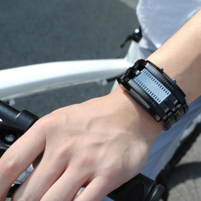 Unisex sports watch with LED display and stainless steel strap, perfect for outdoor activities and water-resistant.